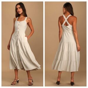 Lulu's See the City Beige Button-Front Tiered Midi Dress